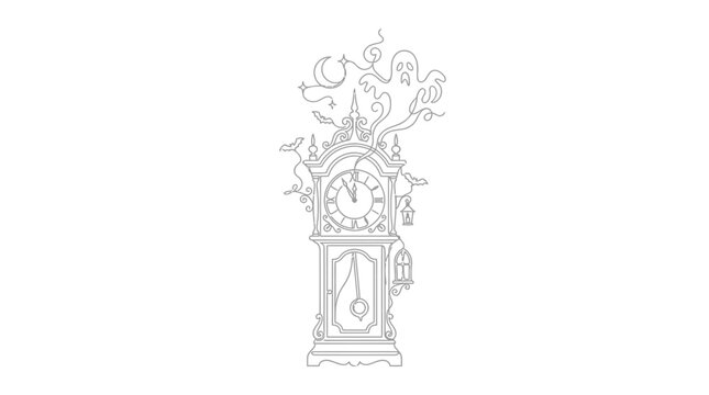 Hand drawn illustration of an antique grandfather clock with a ghost emerging from the top.