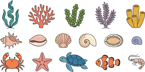 Sea Life Icon Set with Coral, Seaweed, Seashell, Crab, Starfish, Turtle, Clownfish, and Shrimp Vector Illustrations © Lcpl