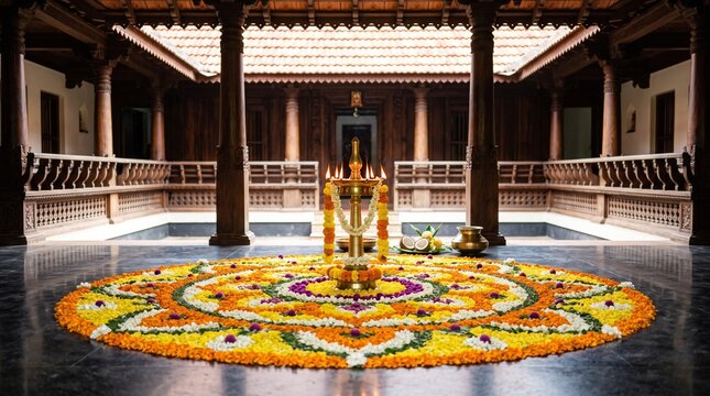Onam festival, large pookalam floral rangoli on a traditional Kerala 'Nalukettu' courtyard floor, intricate design with fresh marigold and jasmine