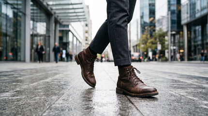 Obraz premium Low Angle Shot of Person Wearing Leather Boots Walking on Wet City Street with Modern Buildings