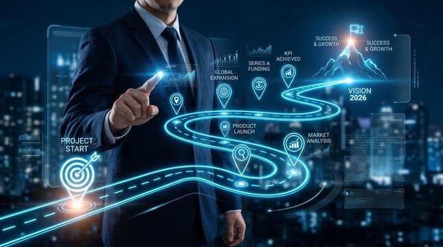 Businessman interacts with virtual roadmap for company growth strategy