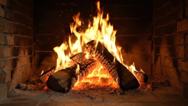 Glowing flames burning in a brick fireplace with burning wood