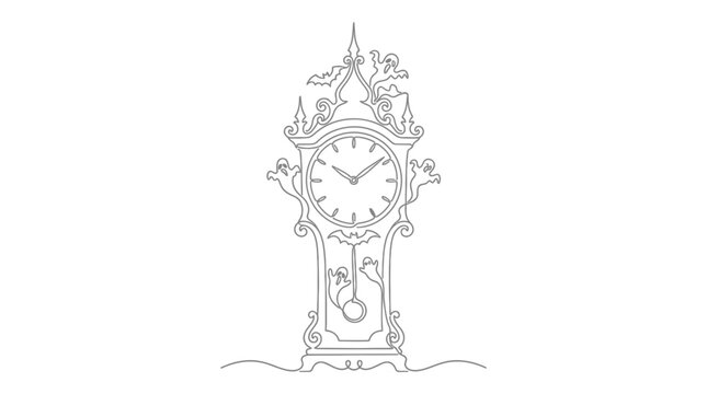 A continuous line drawing of an ornate vintage grandfather clock.