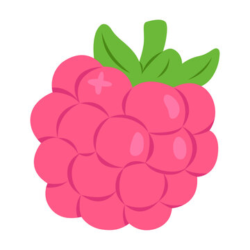 Bright pink raspberry made of rounded drupelets with green leaves and pale highlights, isolated on white. Suitable for fruit stickers, labels, menu cards, packaging, recipe cards, posters, and prints