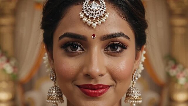 Elegant Desi Bride Wearing Luxury Bridal Necklace in Cinematic Portrait, Indian Wedding Concept