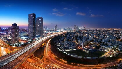 Naklejka premium panorama of tel aviv city and ayalon freeway at night view of tel aviv at night