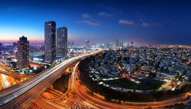 panorama of tel aviv city and ayalon freeway at night view of tel aviv at night