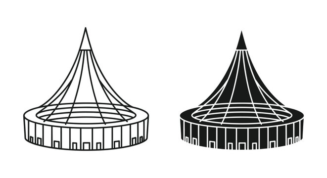 Two stylized geometric pyramids with circular bases