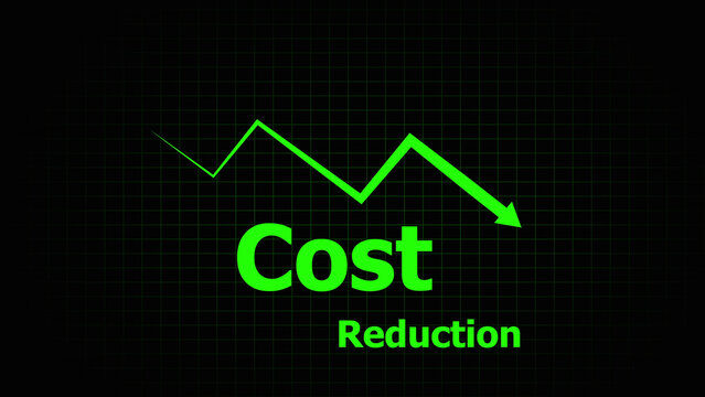 Green cost reduction graph on black background with grid pattern green graph downward trend