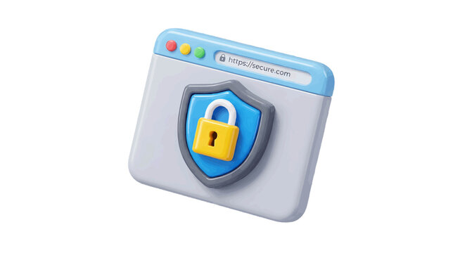 Vector illustration of 3d illustration of a web browser window with a shield and padlock icon on a transparent background