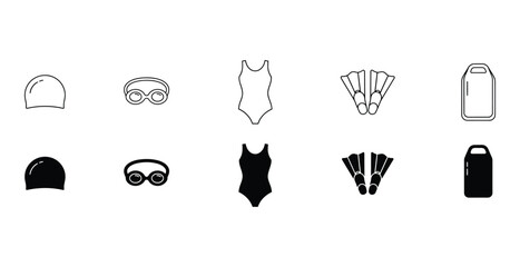 Swim Gear Icon Set, Outline and Glyph Vector Icons of Swimming Cap, Goggles, Swimsuit and Fins © Shariatullah