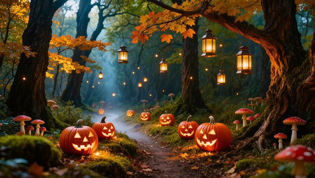 Halloween Pumpkins and Lanterns in a Spooky Forest Path