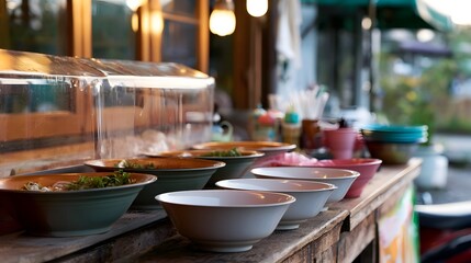 Fototapeta premium A rustic display of vibrant red pasta and sauces in an outdoor food stall setting