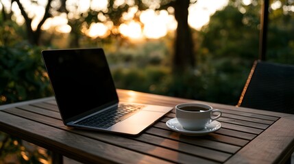 Fototapeta premium A beautiful scene featuring a laptop and coffee arranged on a wooden desk during the warm tranquil glow of golden hour