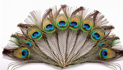 Fototapeta premium Peacock Feathers Arranged In A Fan Shape Isolated On White Background