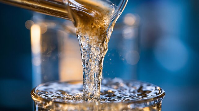 A precision membrane filtering muddy water into a clear stream, hopeful mood, bright laboratory lighting, macro center composition.