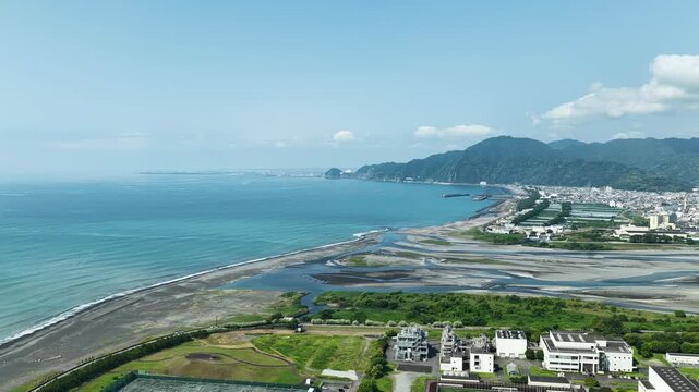 Aerial drone footage of Abe River estuary and Suruga Bay coastline in Shizuoka