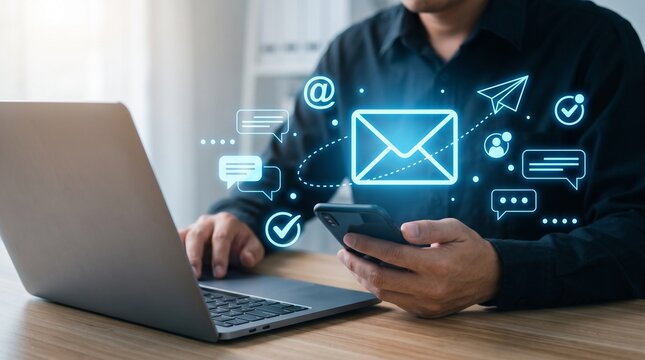 Man using smartphone and laptop for email communication