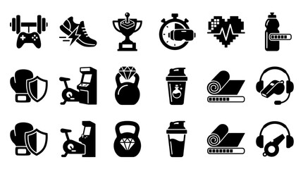 Set of modern fitness and gaming icons featuring training equipment, digital controllers, and health tracking symbols in a clean black silhouette design for sports and technology applications. © Master_BG