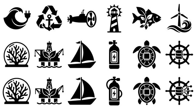 Sustainable marine and renewable energy icon set featuring wave power, offshore platforms, wind energy, coral reef protection, and smart ocean research technology for environmental design