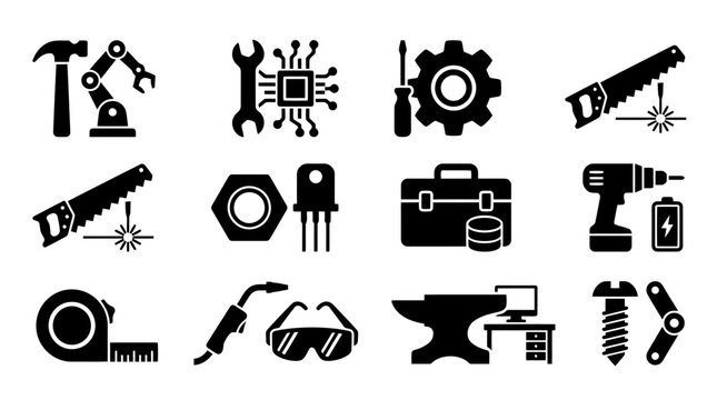 Industrial and technological icon set featuring construction tools combined with robotic parts, microchips, circuit boards, and digital data storage solutions for engineering and manufacturing.