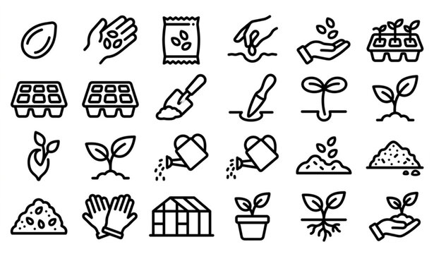 Plant nursery seeding icons vector set bold line art seed sowing symbols black and white