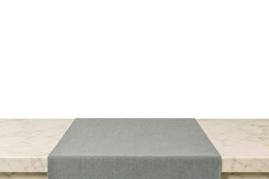 White Marble Table With Blue Fabric Runner Mockup