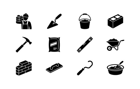 Professional construction worker icons set showcasing building tools bricklayer equipment masonry supplies and manual labor work gear depicted in solid black vector style for site project blueprints.