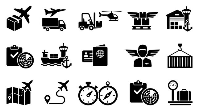 Comprehensive set of twelve logistics and travel icons featuring airplanes, shipping containers, cargo ships, and navigation tools for global supply chain, freight, and international transport.