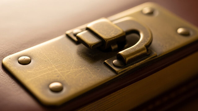 Antique Brass Clasp Lock on Leather Bound Book Cover, Close-up Detail, Warm Light