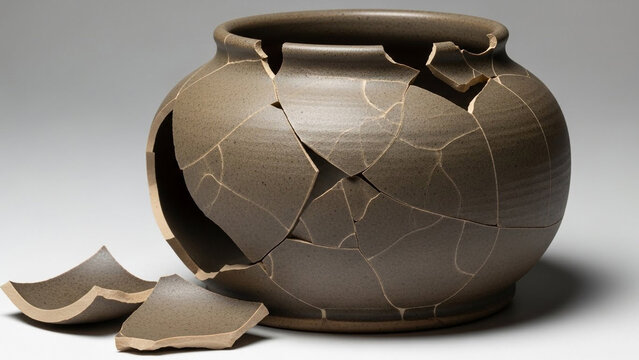 Broken ceramic pot repaired with kintsugi technique highlighting the beauty of imperfection and fragility in a beautiful way.