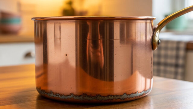 Copper Saucepan on Wooden Table in Cozy Kitchen Setting