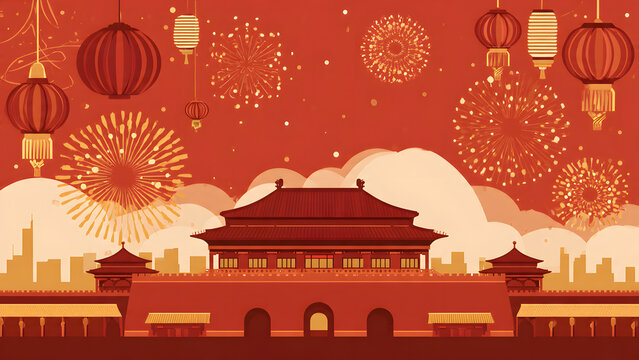 Chinese New Year celebratory background featuring a traditional palace with glowing red lanterns and vibrant fireworks in the sky