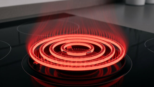 Glowing red hot electric stove coil heating up a kitchen cooking surface, kitchen appliance detail