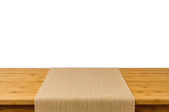 Oak Table With Beige Linen Runner Mockup Background