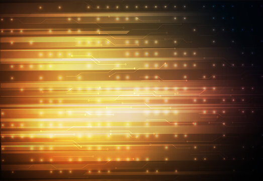 Abstract golden technology background with glowing horizontal light lines. Futuristic cyber digital data flow backdrop, modern high-tech motherboard matrix pattern vector illustration.