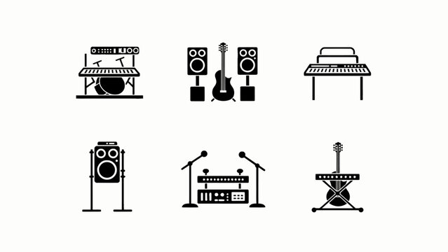 Music Equipment Icons: Keyboards, Guitars, Drums, Speakers, Microphones - Black and White