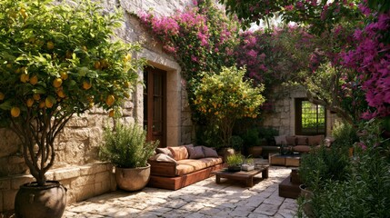 Fototapeta premium Tranquil Courtyard Garden with Lemon Trees and Blooming Bougainvillea in a Serene Outdoor Space