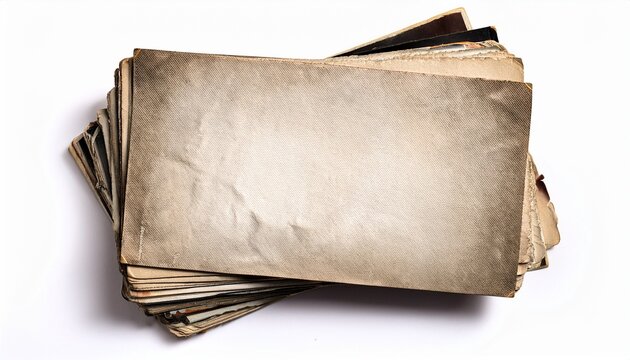 stack old photos isolated on white background mock up blank paper postcard rumpled