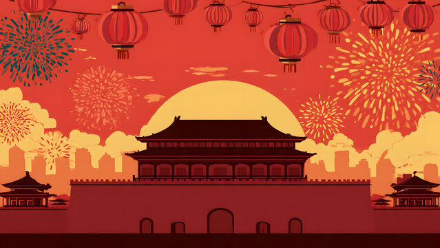 Conceptual illustration of a giant red peony flower surrounded by a crowd of people holding red flags, representing unity and celebration