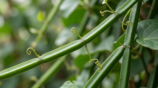 A close-up view of the green stems and curling tendrils of a cissus quadrangularis plant, commonly known as veldt grape, growing in a lush tropical garden