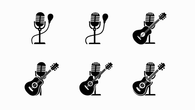 Vintage Microphone and Acoustic Guitar Icons Set
