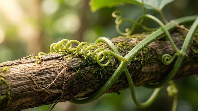 A close-up of cissus quadrangularis tendrils wrapping around a mossy wooden branch in a natural garden setting, showcasing plant growth and vine biology.