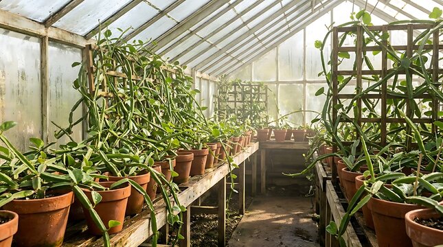Cissus quadrangularis plants growing in terracotta pots on wooden shelves inside a traditional glass greenhouse structure with soft natural daylight