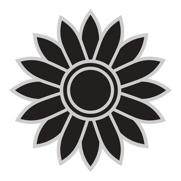 Black and gray flower logo with many petals and circular center icon