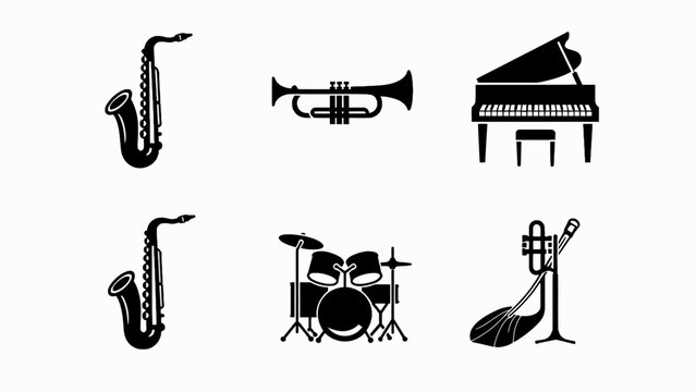 Musical Instruments Silhouette Collection: Saxophone, Trumpet, Piano, Drum Kit, Baglama