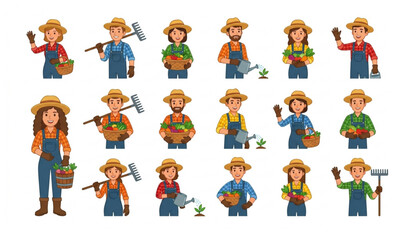 Fototapeta premium Cartoon Farmer Icon Set Vector Illustration Agriculture Character Collection