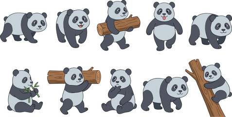 Cute cartoon panda bear vector collection carrying wood eating bamboo and climbing trees for childish wildlife designs © Honey Qween!