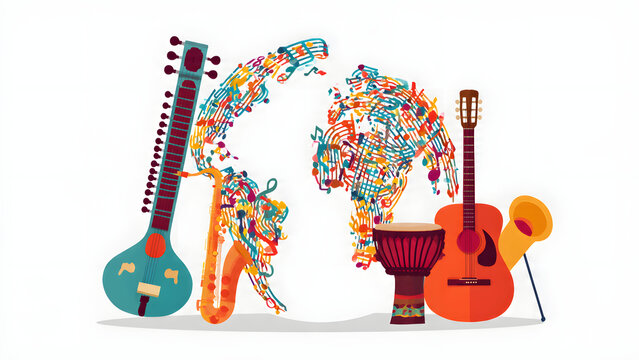 Vibrant illustration showcasing diverse musical instruments from cultures worldwide encircling an artistic globe, symbolizing global harmony and the unifying power of music