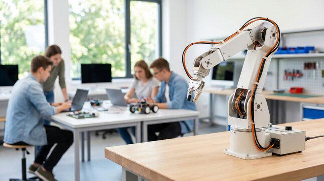 Robotic arm in STEM classroom with students working in background, robotics education and automation technology training with copy space.